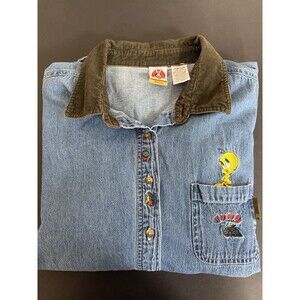 Vintage Looney Tunes Tweety Bird Embroidered Denim Button Up Women’s 26/28W Y2K
